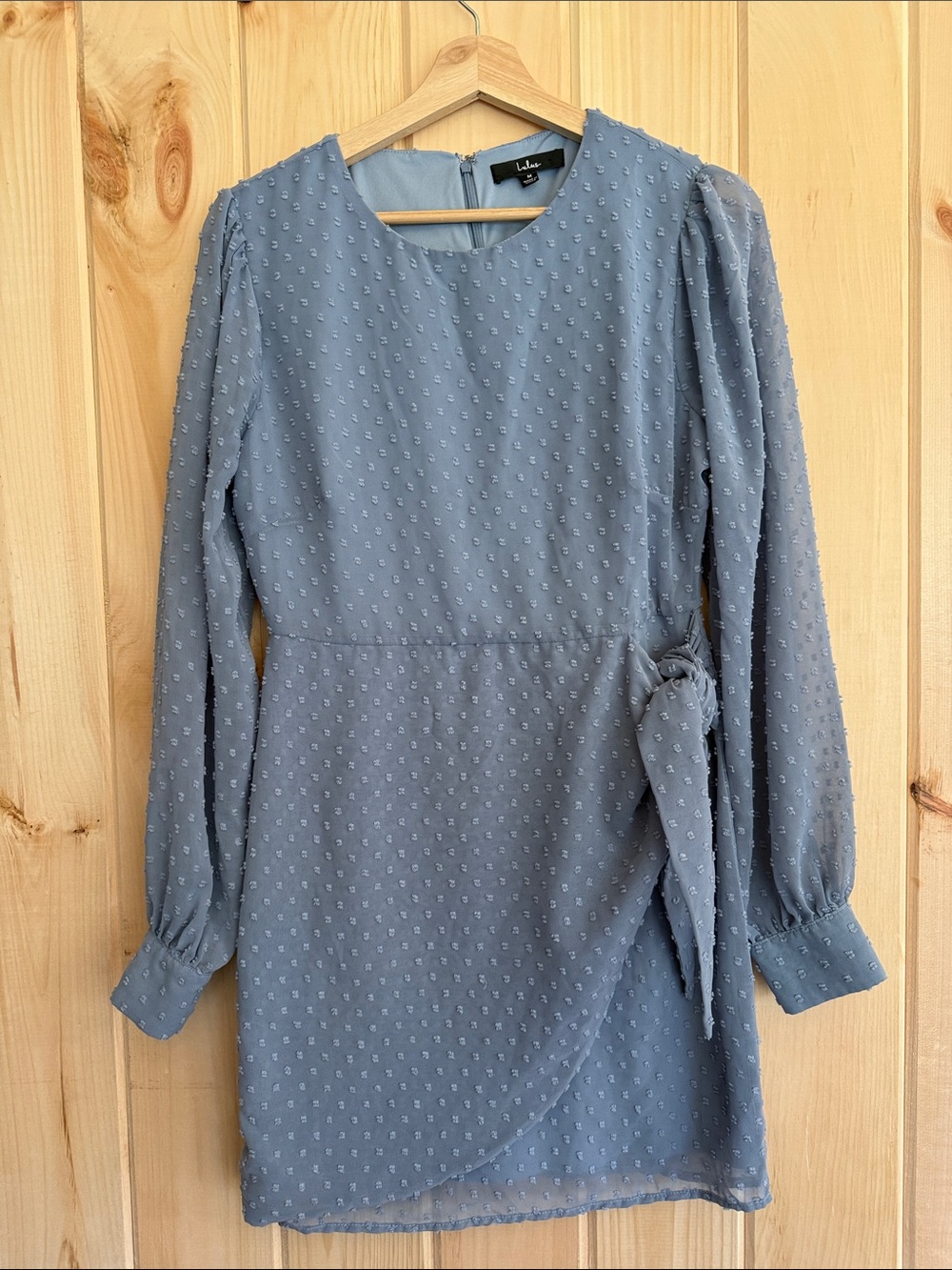 Lulus Dusty Blue Swiss Dot Long Sleeve Faux Wrap Mini Dress Medium